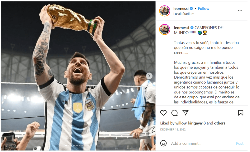 Photo of football star Lionel Messi holding the FIFA World Cup 2022 Trophy taken from the star's Instagram account