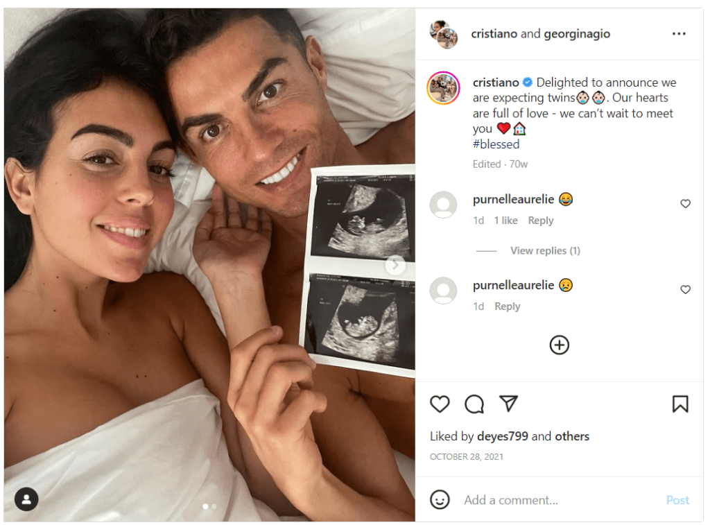 Photo showing Cristiano Ronaldo and his wife, Georgina Rodriguez, with a pregnancy announcement