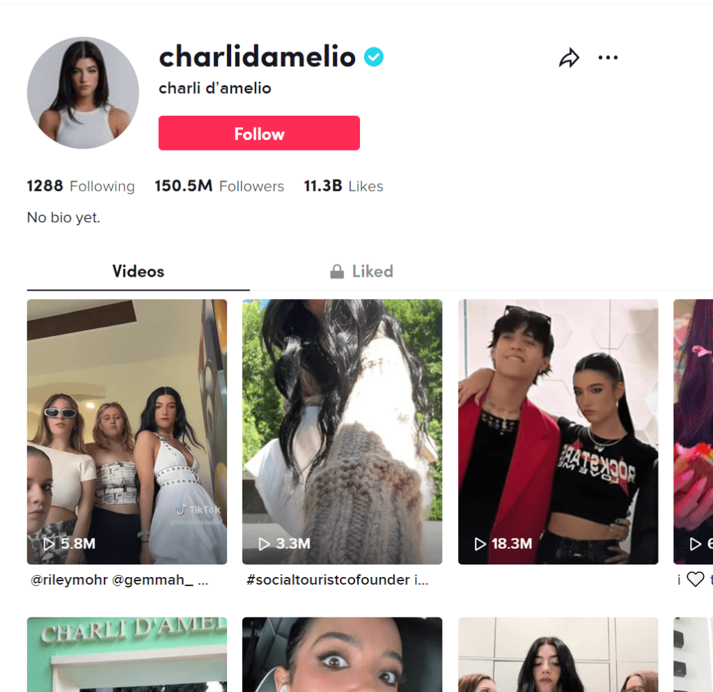 Charli D'Amelio's official TikTok profile page