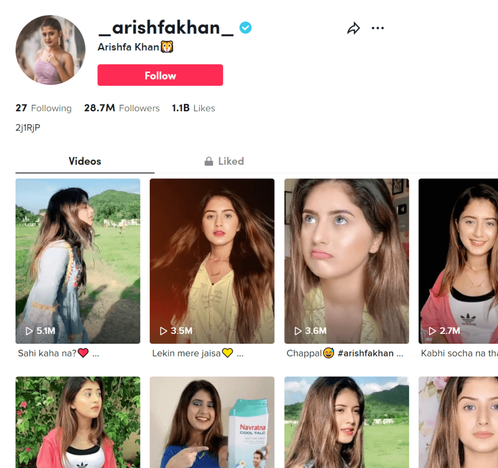Arishfa Khan's official TikTok profile page