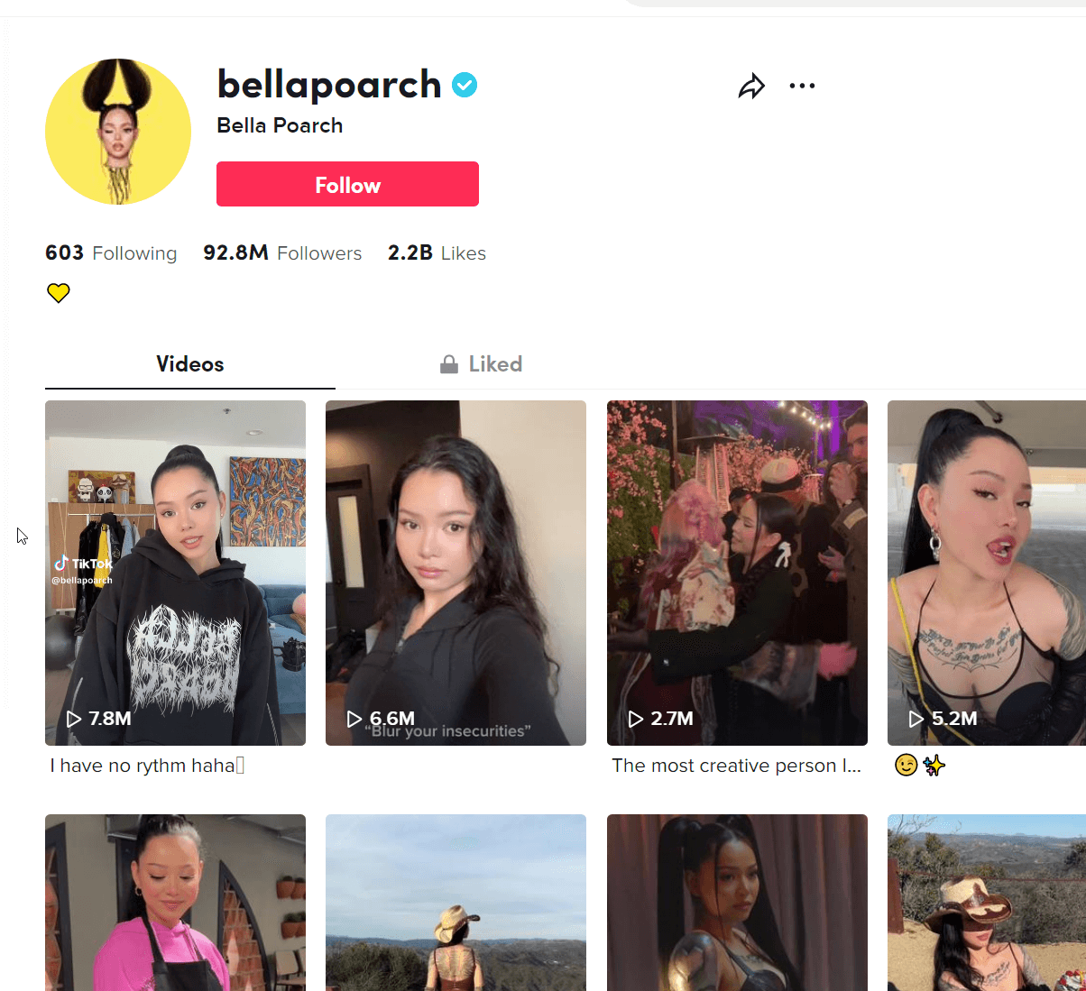 Bella Poarch's official TikTok profile page