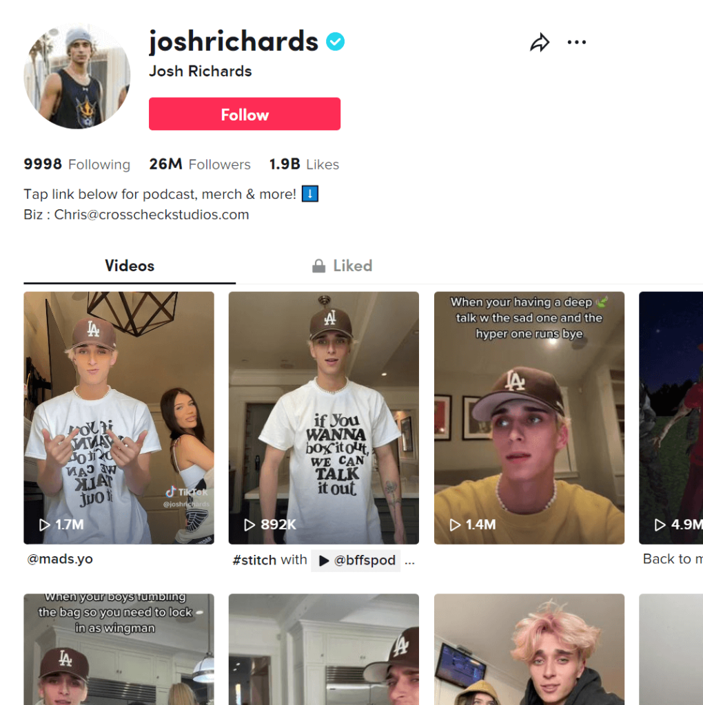 Josh Richard's official TikTok profile page