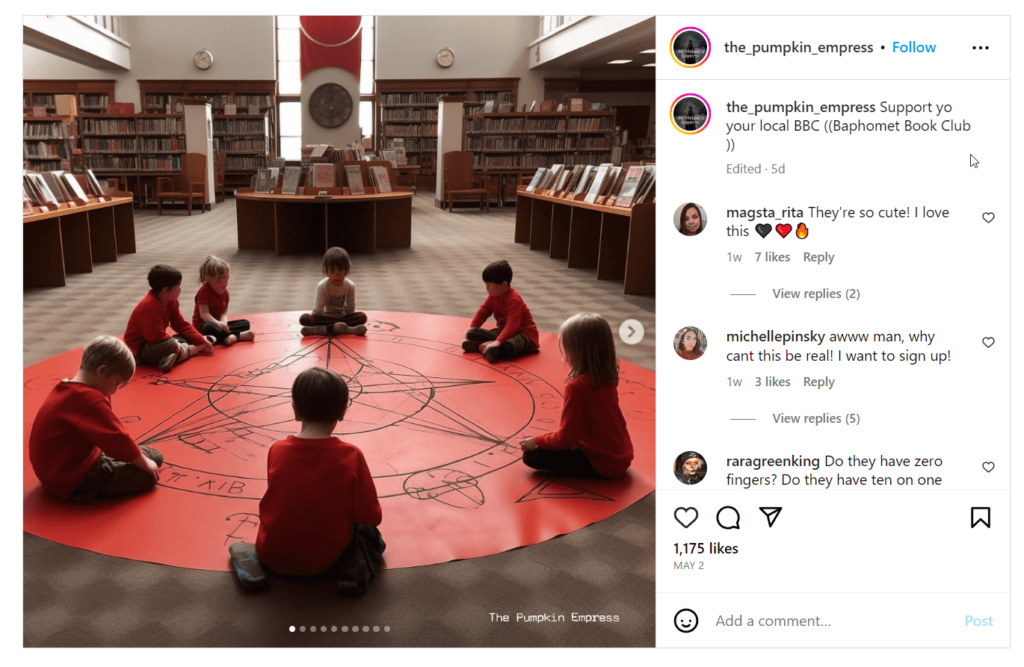 The Pumpkin Empress' post showing AI-generated images of children engaged in satanic rituals
