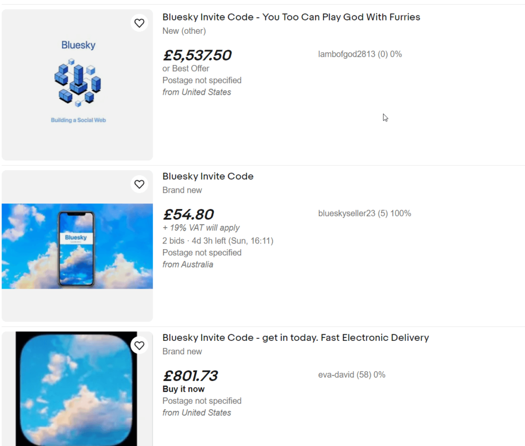 eBay page showing Blueksy invite codes on sale