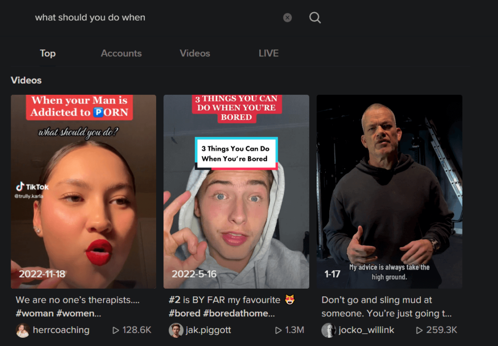 TikTok search page showing a couple of search results 