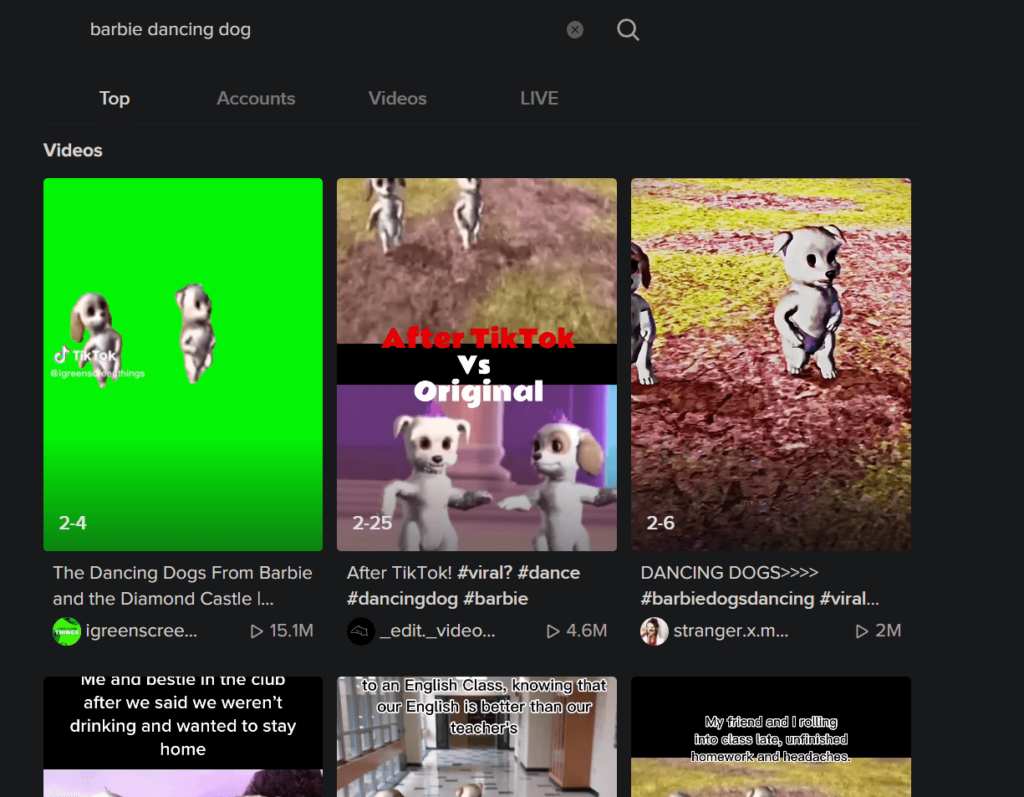 TikTok search page showing a couple of search results for "Barbie Dancing Dog"