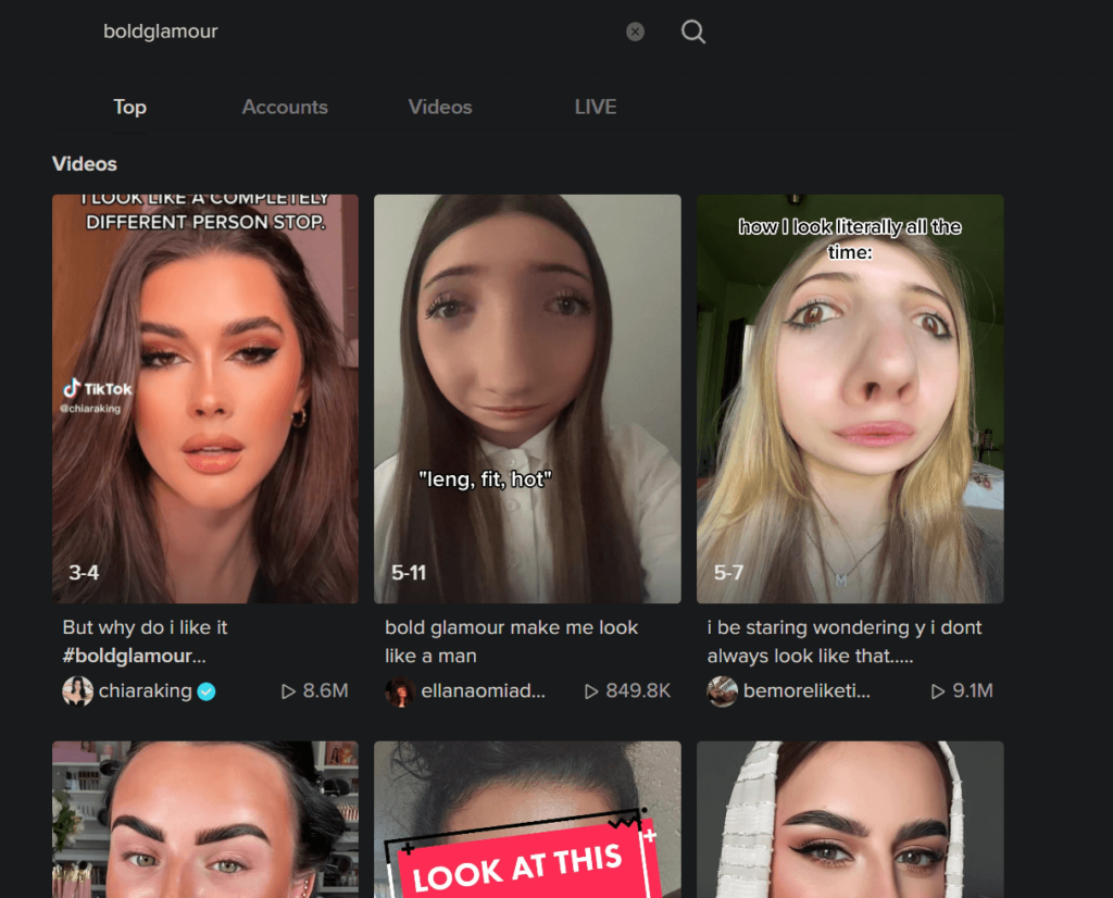 TikTok search page showing a couple of search results for "Boldglamour"