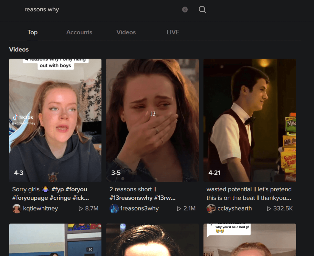 TikTok search page showing a couple of search results for "Reasons Why"