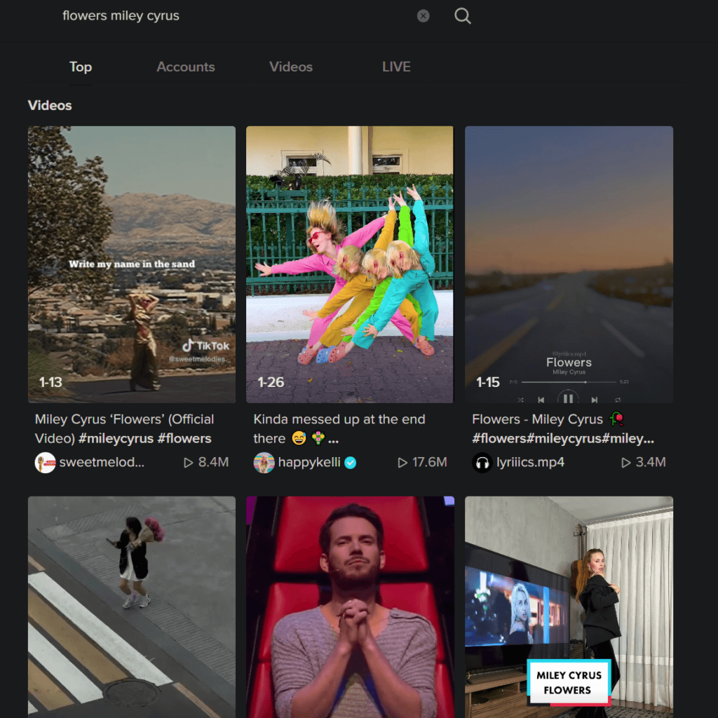 TikTok search page showing a couple of search results for "Flowers Miley Cyrus"