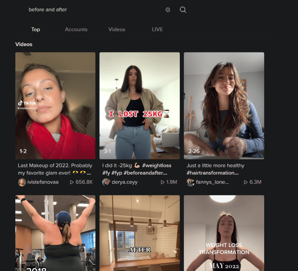 TikTok search page showing a couple of search results for "before and after"