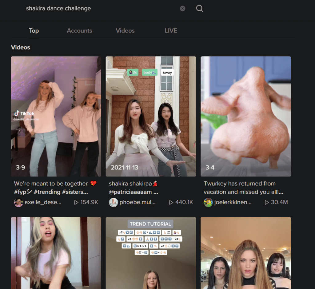 TikTok search page showing a couple of search results for "Shakira Dance Challenge"