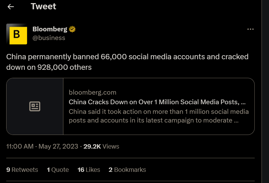 Bloomberg's official Twitter page showing a China-related tweet