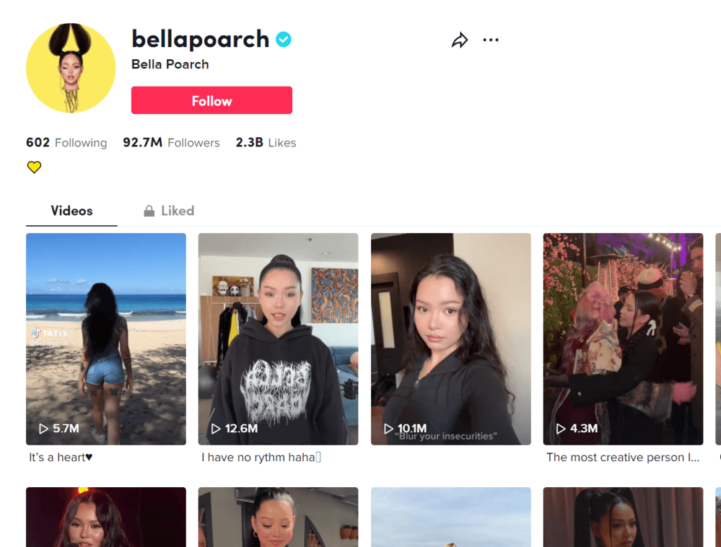 Bella Poarch's official TikTok page