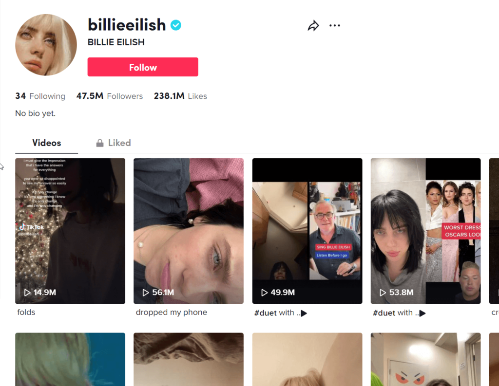 Billie Eilish's official TikTok page