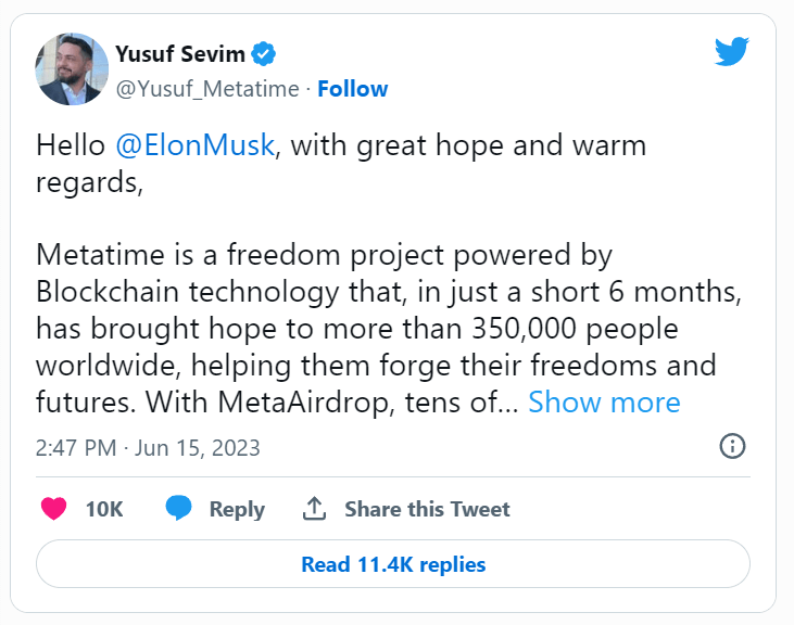 Metatime's CEO's tweet on Twitter asking Elon Musk to step in