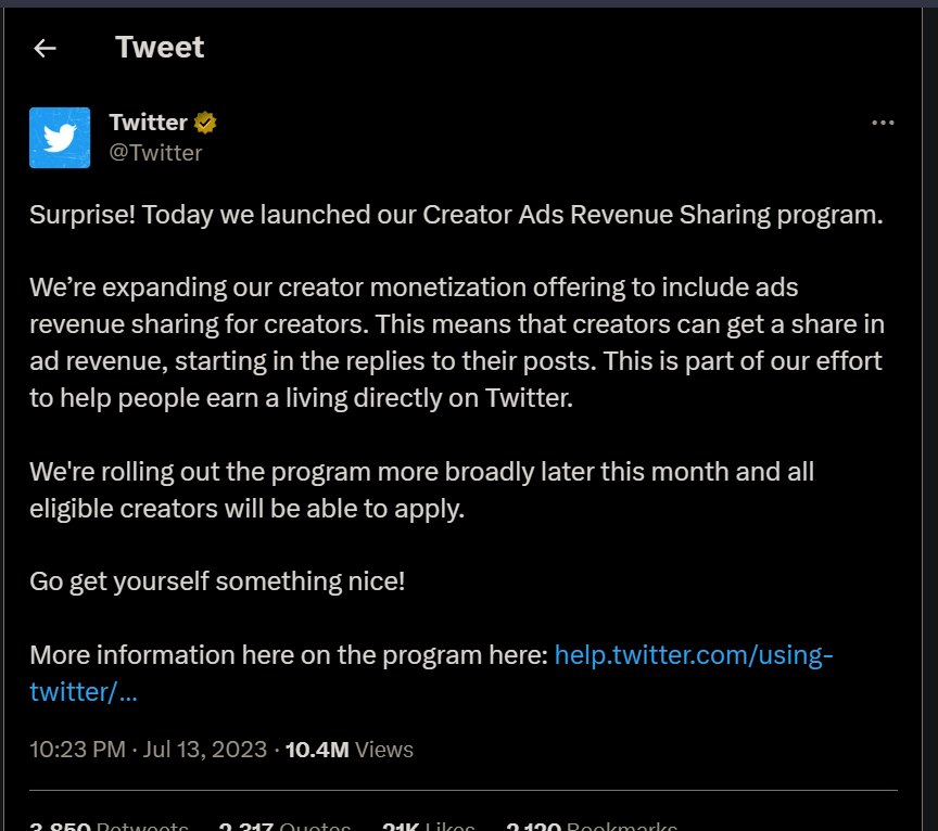 Tweet showing Twitter's announcement about the Creator Ads Revenue Sharing program
